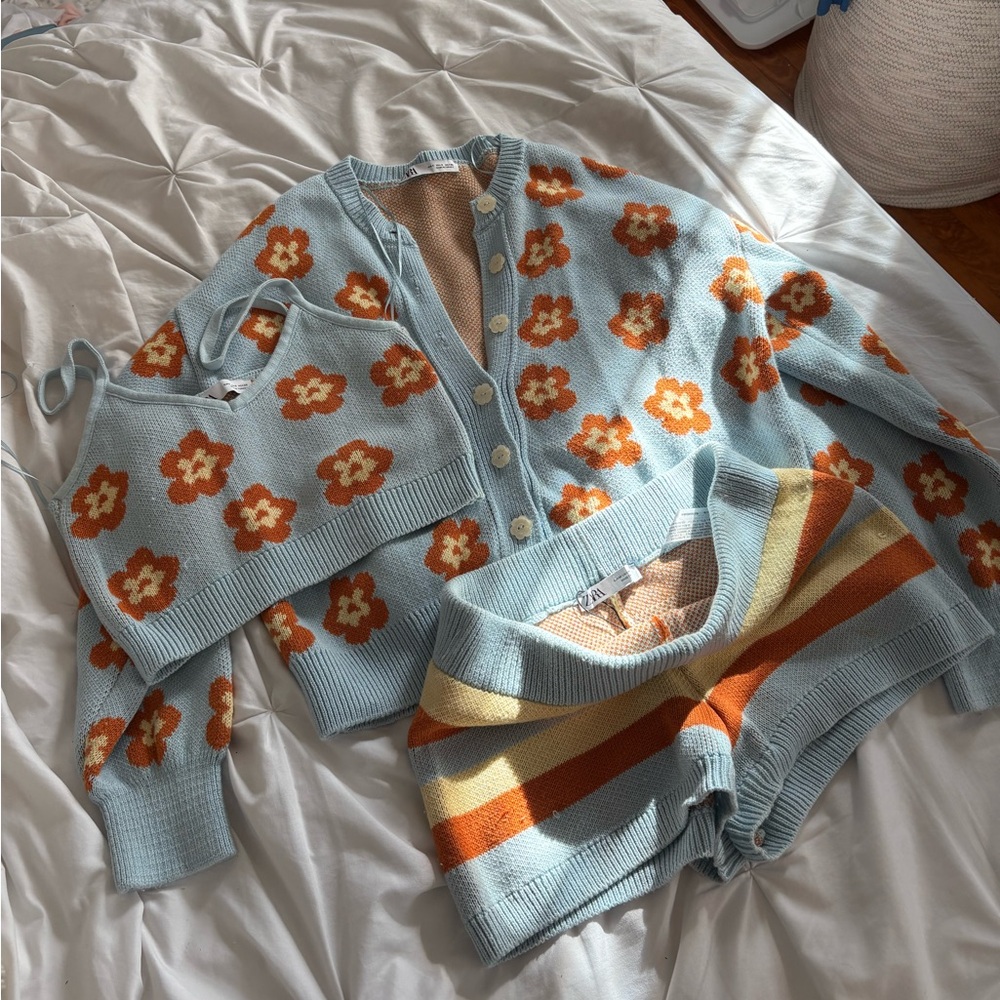 Zara Light Blue Floral Knit Cardigan and Tank Set with Orange Accents
